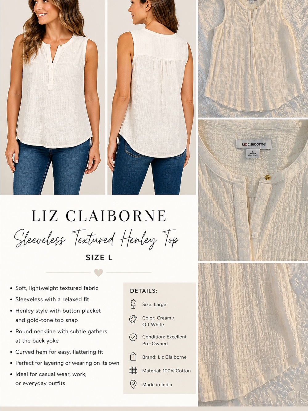 Liz Claiborne Off-White Sleeveless Textured Henley Top
